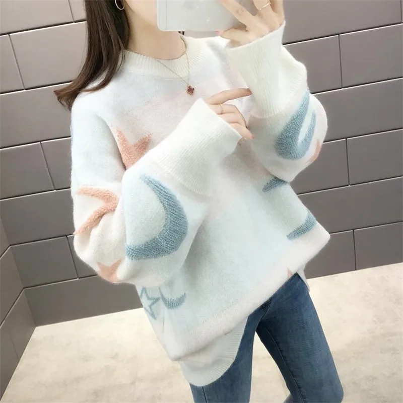2021 Женский пуловер осень и зима новый свитер Круглый Вырез Свободный корейский