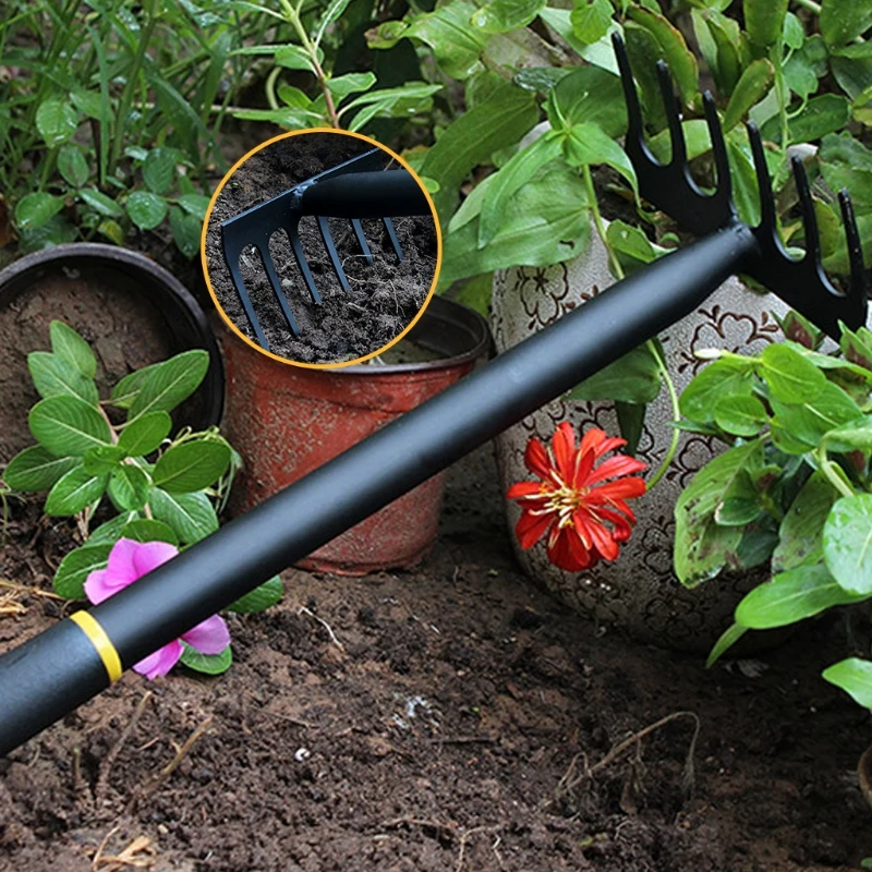 

Small Rake 6 Tines Manganese Steel Rake Comfortable and Sharp Garden Hand Rake Black