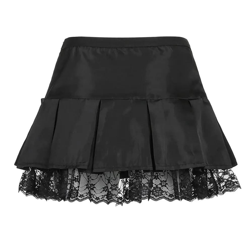 

Sfit Black Goth Aesthetic Pleated Skirts Women Lace Trim Low Waist E Girl Mini Skirt Punk Dark Academia Y2K Dance Streetwear