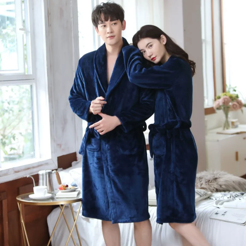 

Couple BathRobe Flannel Turn-down Collar Homewear Casual Long Kimono Robe for My Love Warm Sleepwear Bath Robe Pajama Nightgown