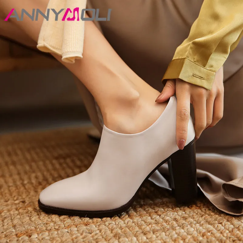 

ANNYMOLI High Heels Women Pumps Natural Genuine Leather Thick High Heel Shoes Cow Leather Zipper Round Toe Shoes Female Size 39