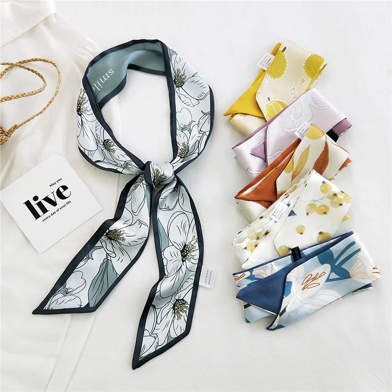 

Summer Thin Narrow Long Stripe Small Silk Scarf Fruit Print Satin Bag Hair Ribbons Head Scarf Skinny Headband Choker Neckerchief