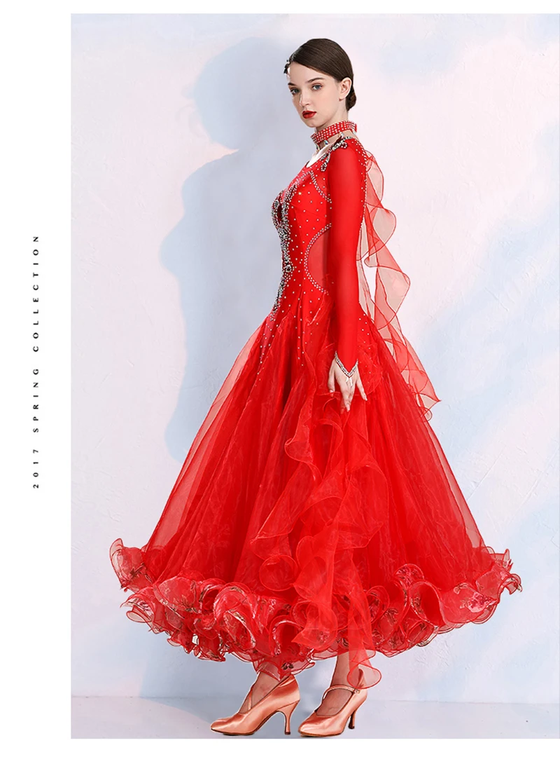 

Lady's Ballroom Competition Dance Dress Women 2021 High Quality Red Waltz Dancing Skirt Long Sleeve Standard Ballroom Dresses