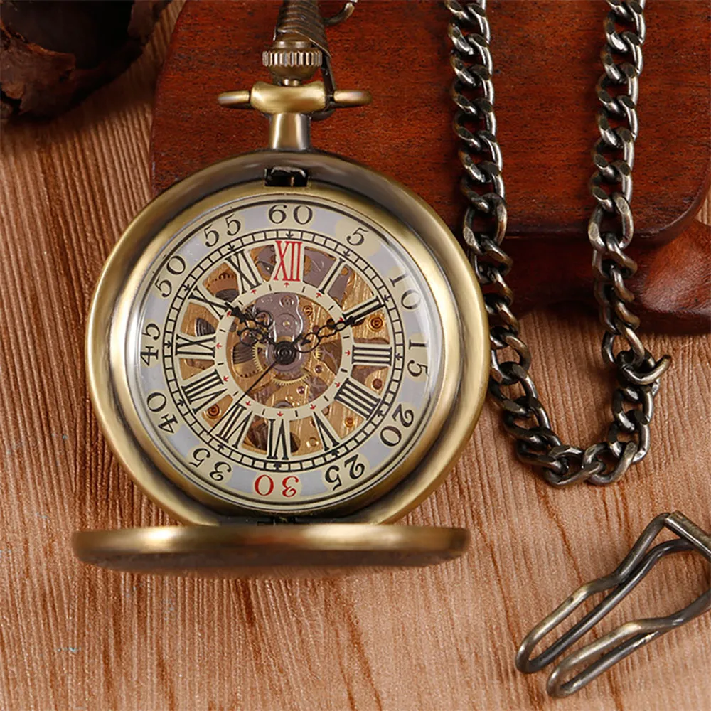 Hand Winding Mechanical Pocket Watch Exquisite Roman Numerals Dial Full Hunter Bronze Pattern Pendant Manual Pocket Clock Gifts