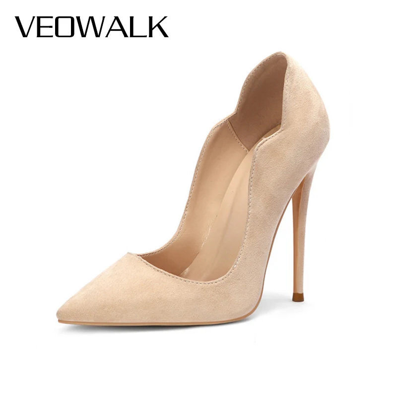 

Veowalk Curl Upper Women Nude Flock Pointed Toe Stiletto Pumps Elegant Faux Suede 8-12cm High Heel Shoes Colors Customizable