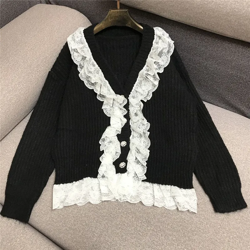 

Luxury Designer Brand Knitted Sweater for Women Vintage V Neck Lace Patchwork Knitted Cardigans Clothes