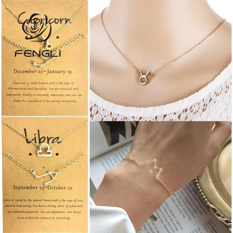 

FENGLI 12 Constellation Simple Design Rhinestone Necklace Bracelet Set for Girl Custom Birthday Jewelry Geometric Gifts