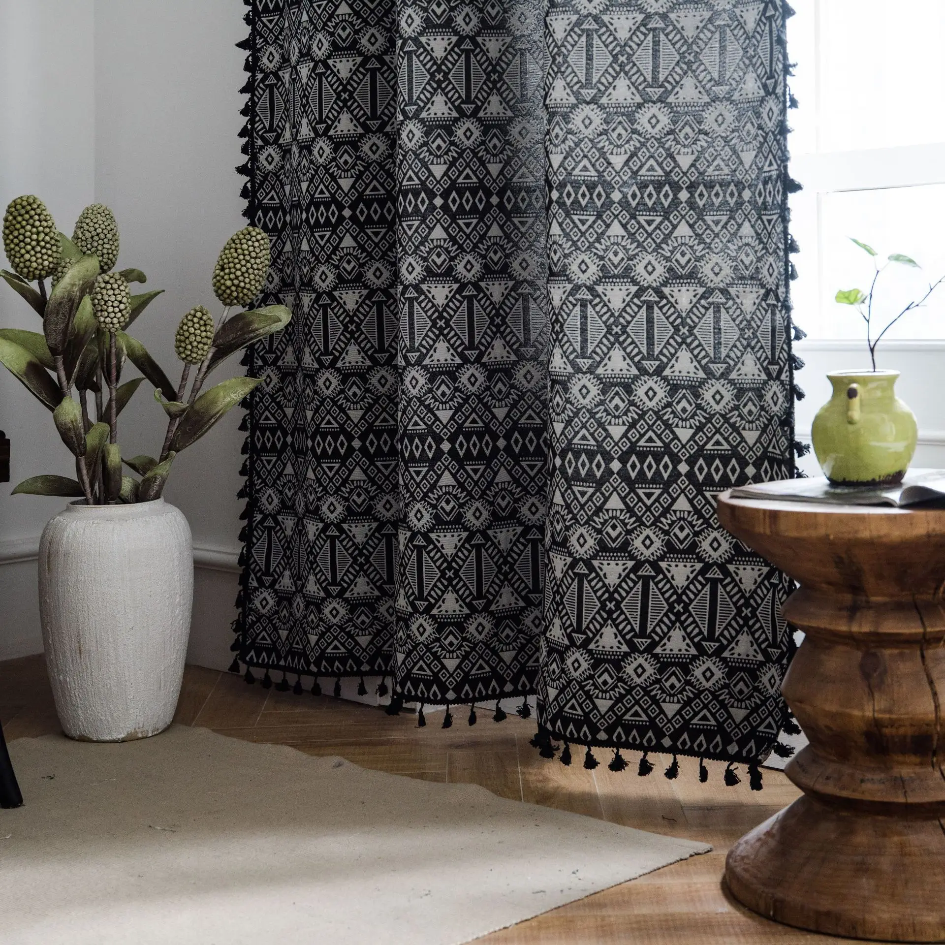 

Jacquard Geometric Curtains Fashion American Country Black Tassels Bohemian Curtain Luxury Blackout for Kitchen Living Room