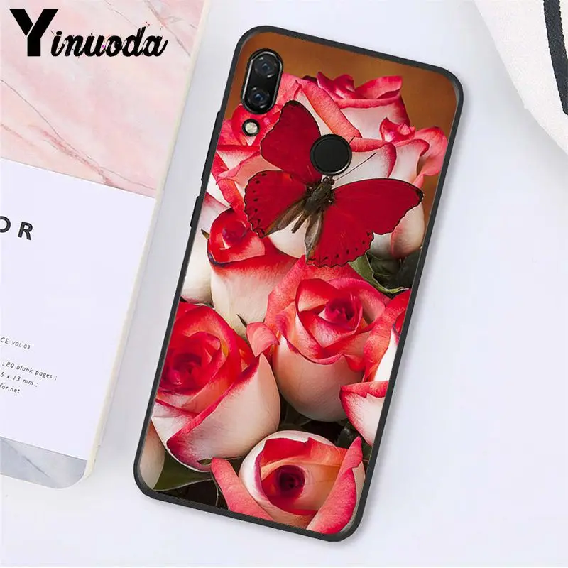 Чехол Yinuoda для телефона с красной бабочкой и белыми розами Xiaomi Redmi Note 7 8T 5plus 6A Note4 4X