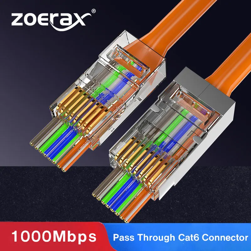 

ZoeRax Shielded RJ45 Pass Through Cat6 Connector 30u Gold Plated STP Gold Plated 3 Prong Modular Plug 8P8C Ends