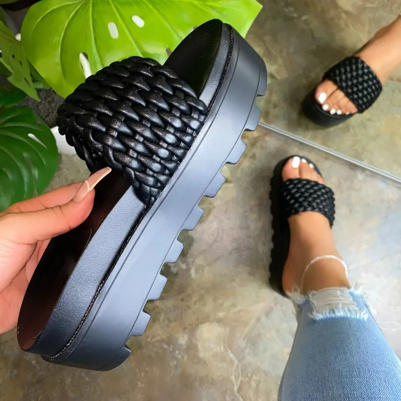 

Women's Sandals Slippers 2021 Summer New Style Fashion Thick-soled Flat Woven Solid Color Outdoor Party Slippers Platform Slides
