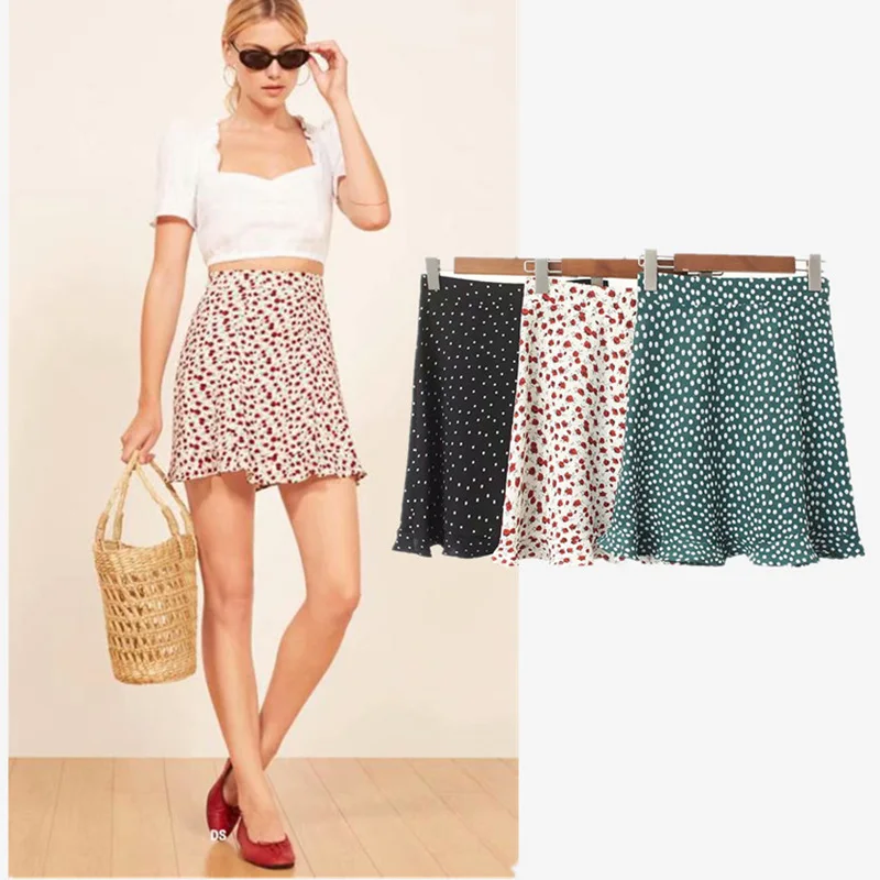 

Women Dots Mini Skirt Green White Saia High Waistline Faldas sexy Skirts 2021 Summer
