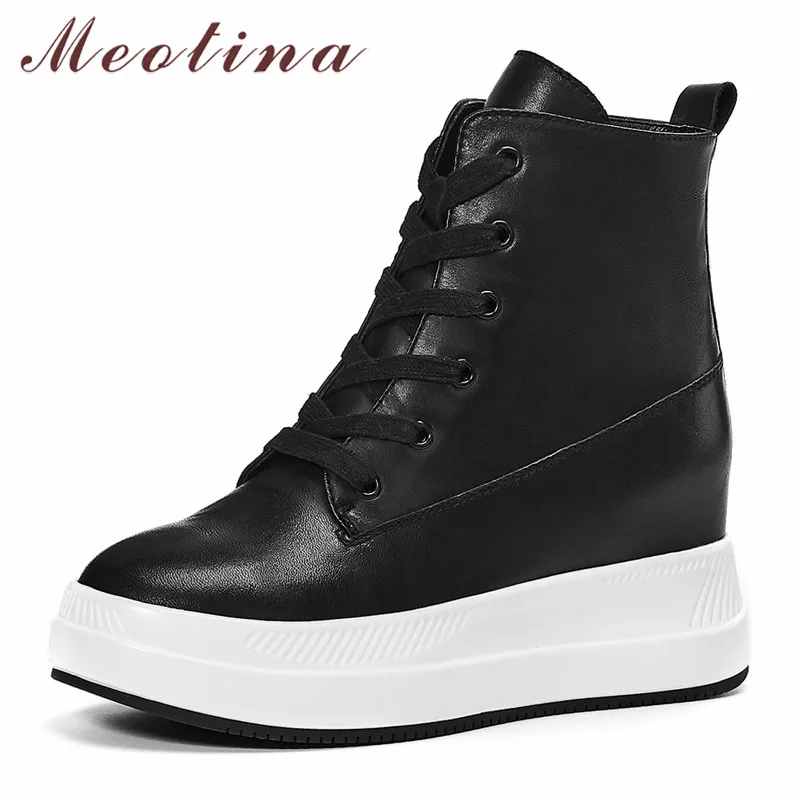 

Meotina Winter Ankle Boots Women Natural Genuine Leather Height Increasing High Heel Short Boots Lace Up Round Toe Shoes Lady 39