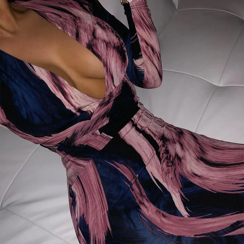 

Sexy V Neck Long Sleeve Women Dress Casual Daily Fashion Print Medium Length Skirt Autumn Vintage Elegant Bodycon Party Dresses