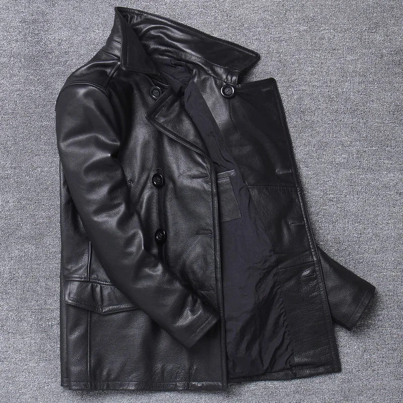

Double Breasted Brand Cowhide Trench Coat Men Black Biker Real Leather Jacket Slim Business Casual Formal Outwear Oversize 5XL
