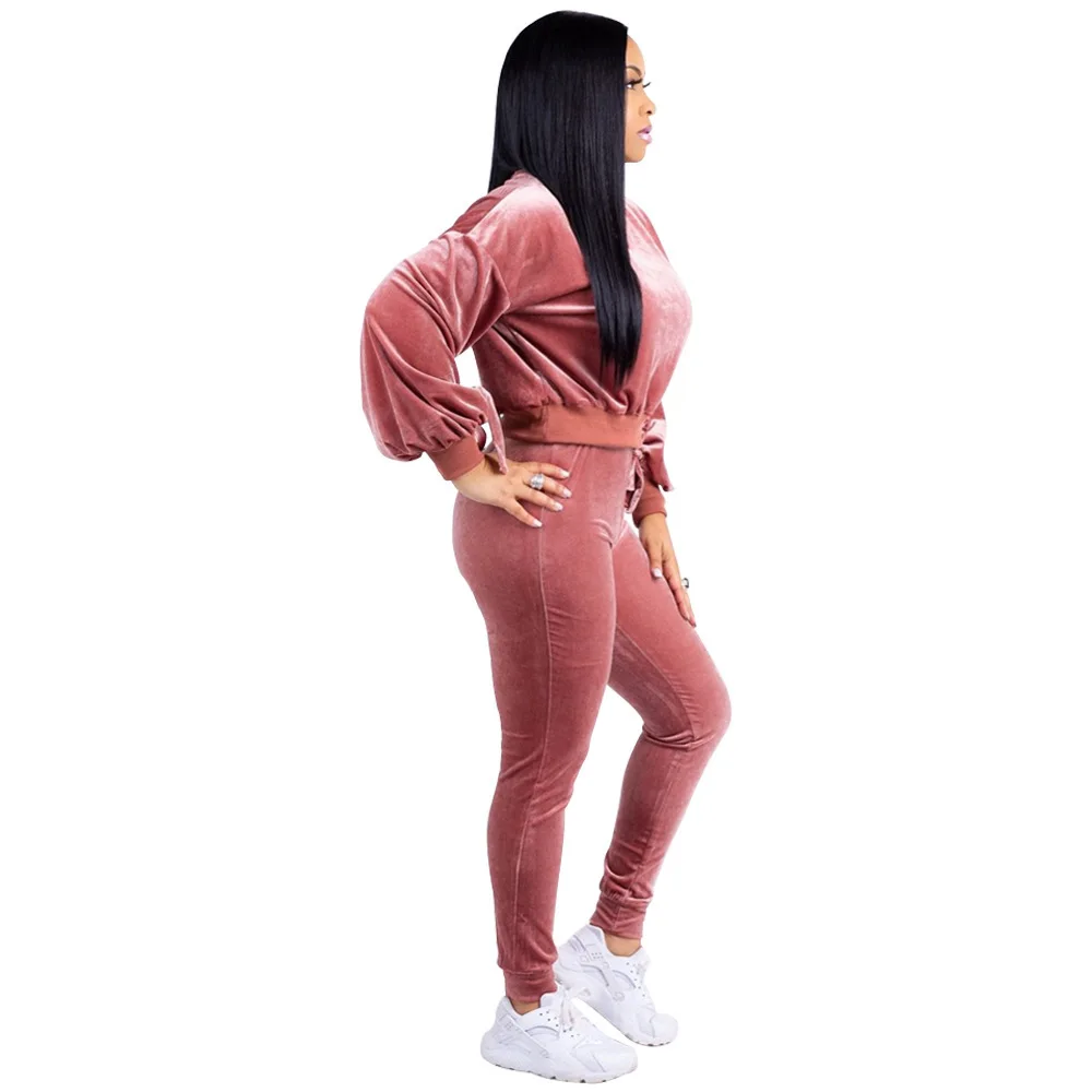 

Autumn Velvet Women Casual Sets Oversize O-Neck Long Sleeve Drawstring Short Top High Waist Pencil Pants Tracksuits Sports Party