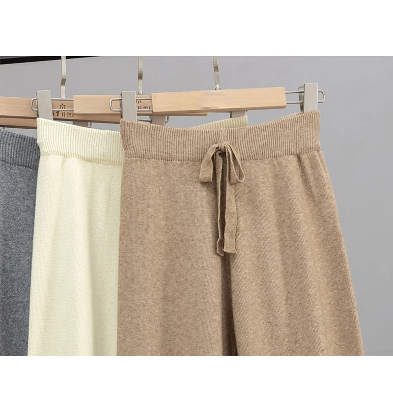 2021 New Women'S Wide-Leg Pants Thick Warm Knitted High-Waist Ankle-Length Pants Straight Casual Comfortable Women'S Pants