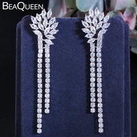 beaqueen elegant dangle hanging cubic zirconia long drop earrings ear line for women tassel jewelry wedding accessories e410
