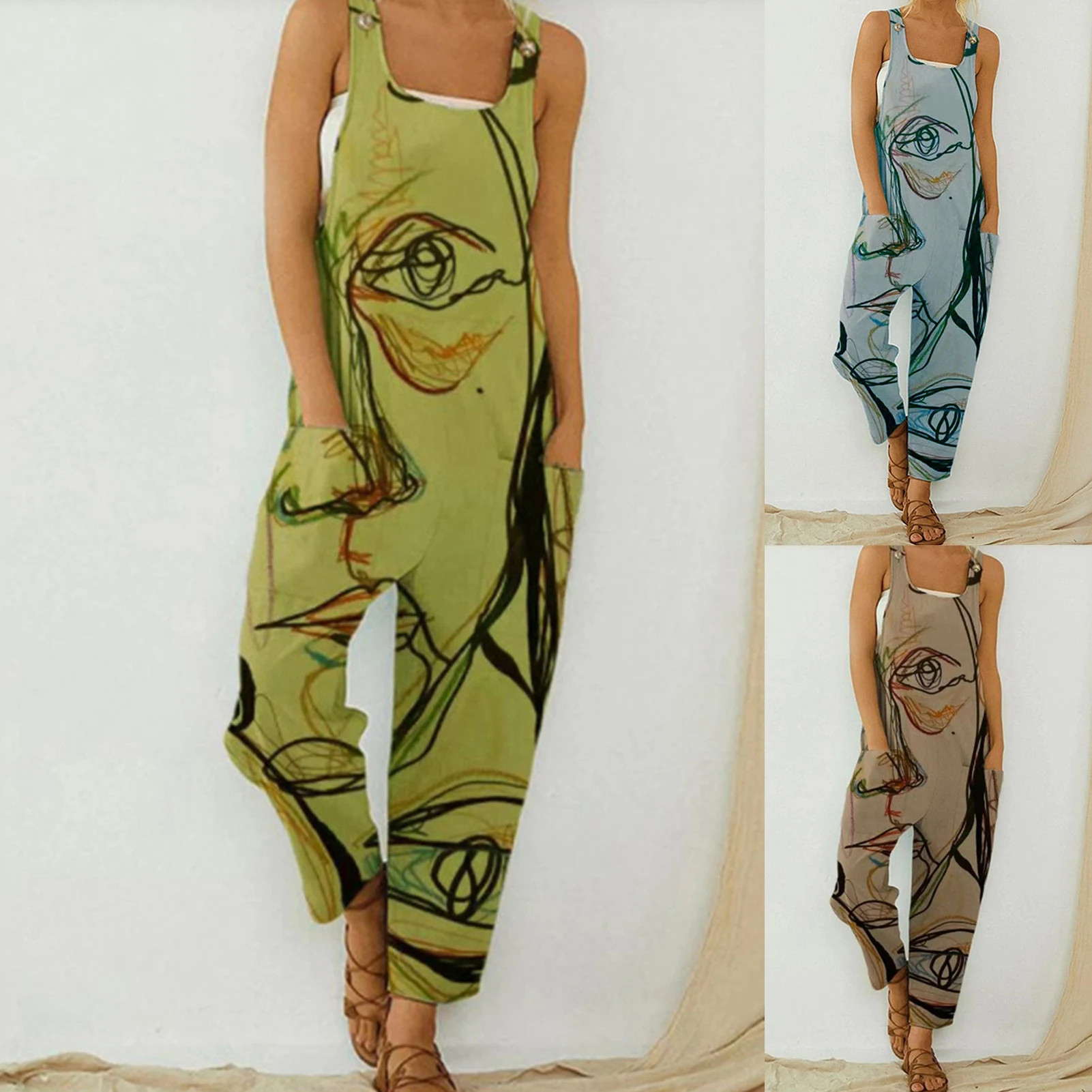 

Уникальный комбинезон, Свободный комбинезон с абстрактным креативным принтом лица, женский сексуальный повседневный комбинезон без рукав...