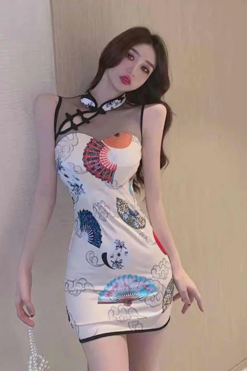 

2021 early spring Korean fashion new temperament sexy slim mesh stitching retro modified cheongsam dress