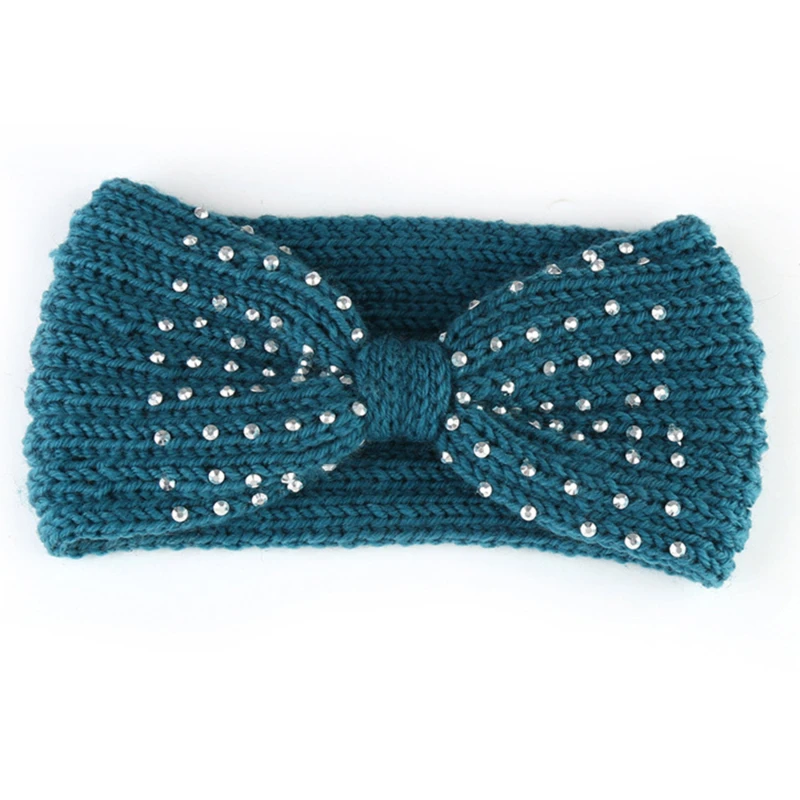 2021 New Winter Warmer Ear Knitted Headband Bow Rhinestone Headwear For Women Girls European Solid Turban Hair Band Head Warp |