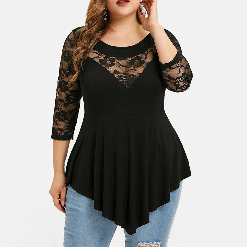 5XL плюс размер блузка женская летняя кружевная открытая бюст три четверти рукав Сексуальная Блузка рубашка Женский жакет Нерегулярные Топы