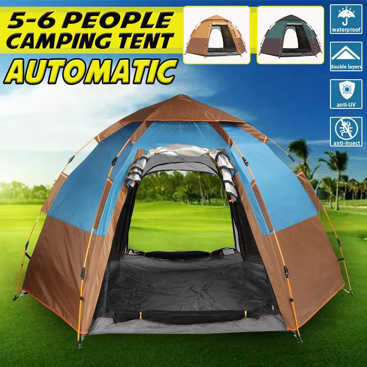 

5-6 People Camping Tent Waterproof Portable Tourist Tent Double Layer Large Family Canopy Sunshade for Big Family 4 Seasons