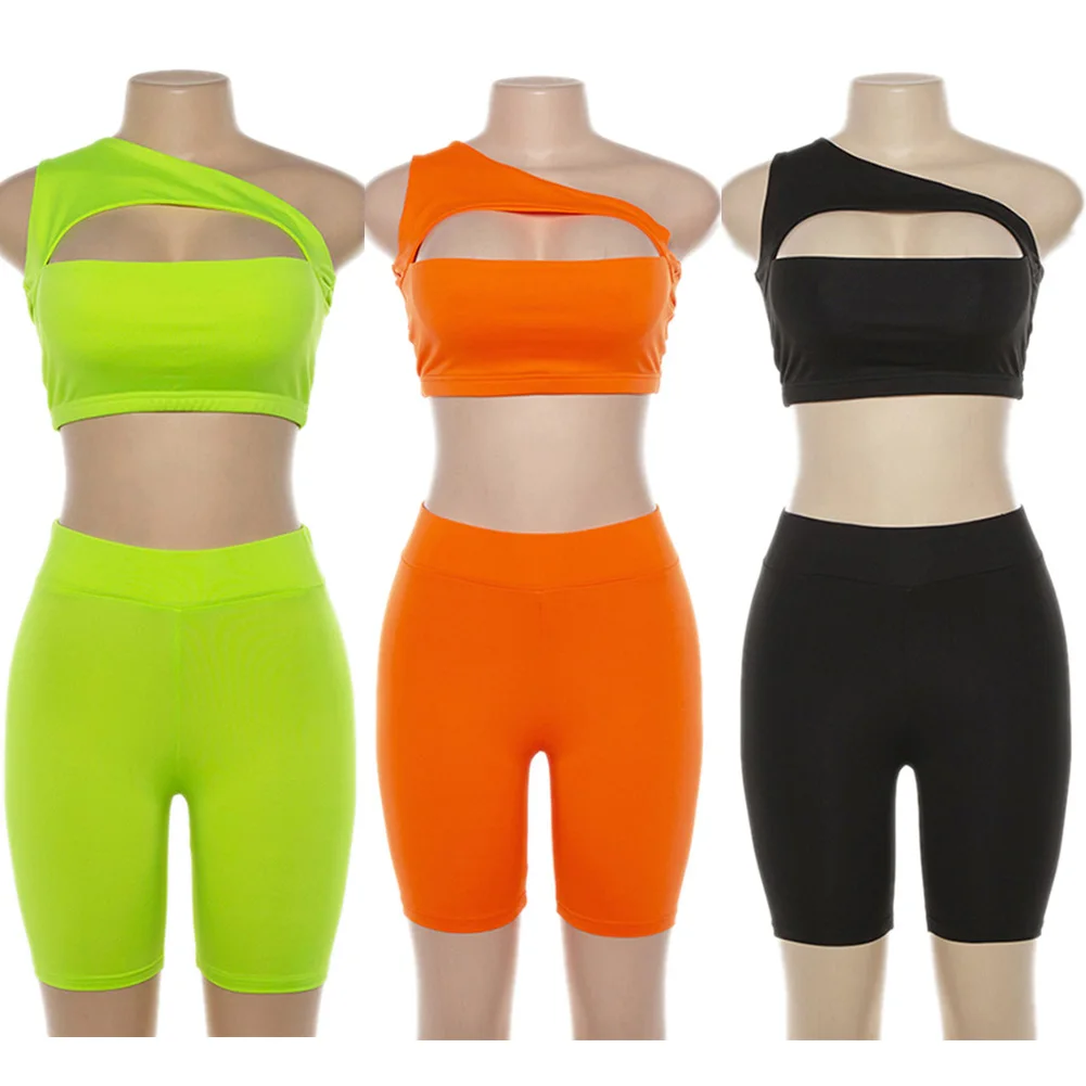 

2020 Sexy Women Two Piece Vest Sets Ladies Sleeveless Sexy One Shoulder Tank Top and High Waist Shorts Pants 2PCs Sports Wear