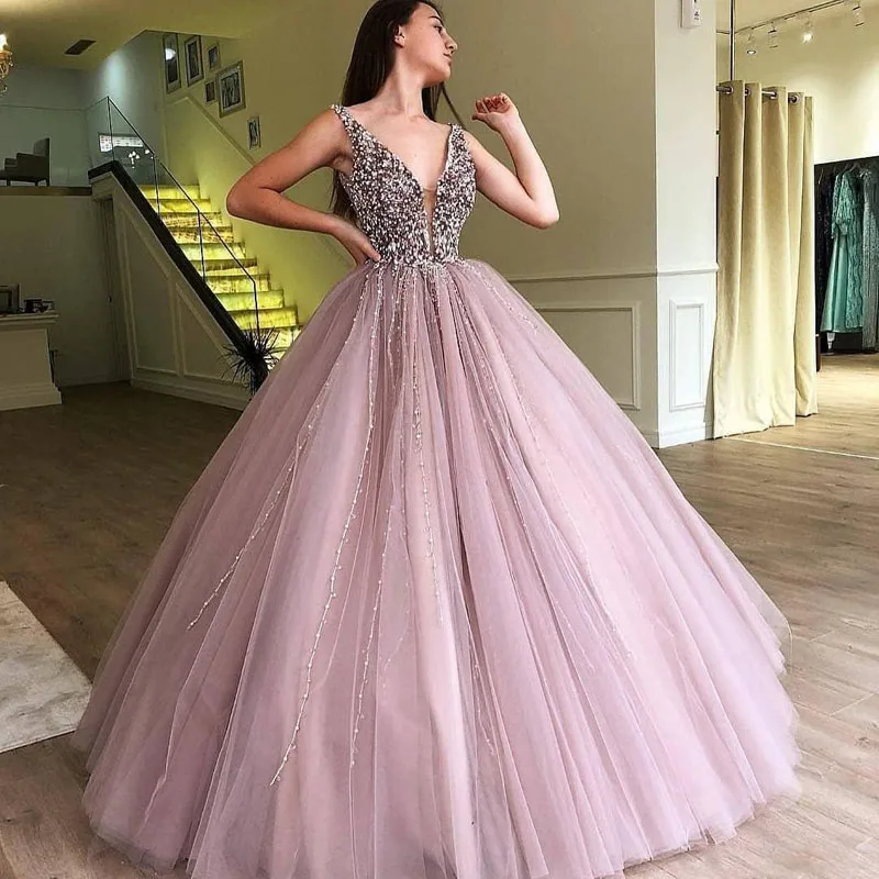 

Dusty Pink Beading Ball Gown Evening Dresses V-Neck Long Pageant Party Gown Prom Evening Dress Custom Made Tulle vestido longo