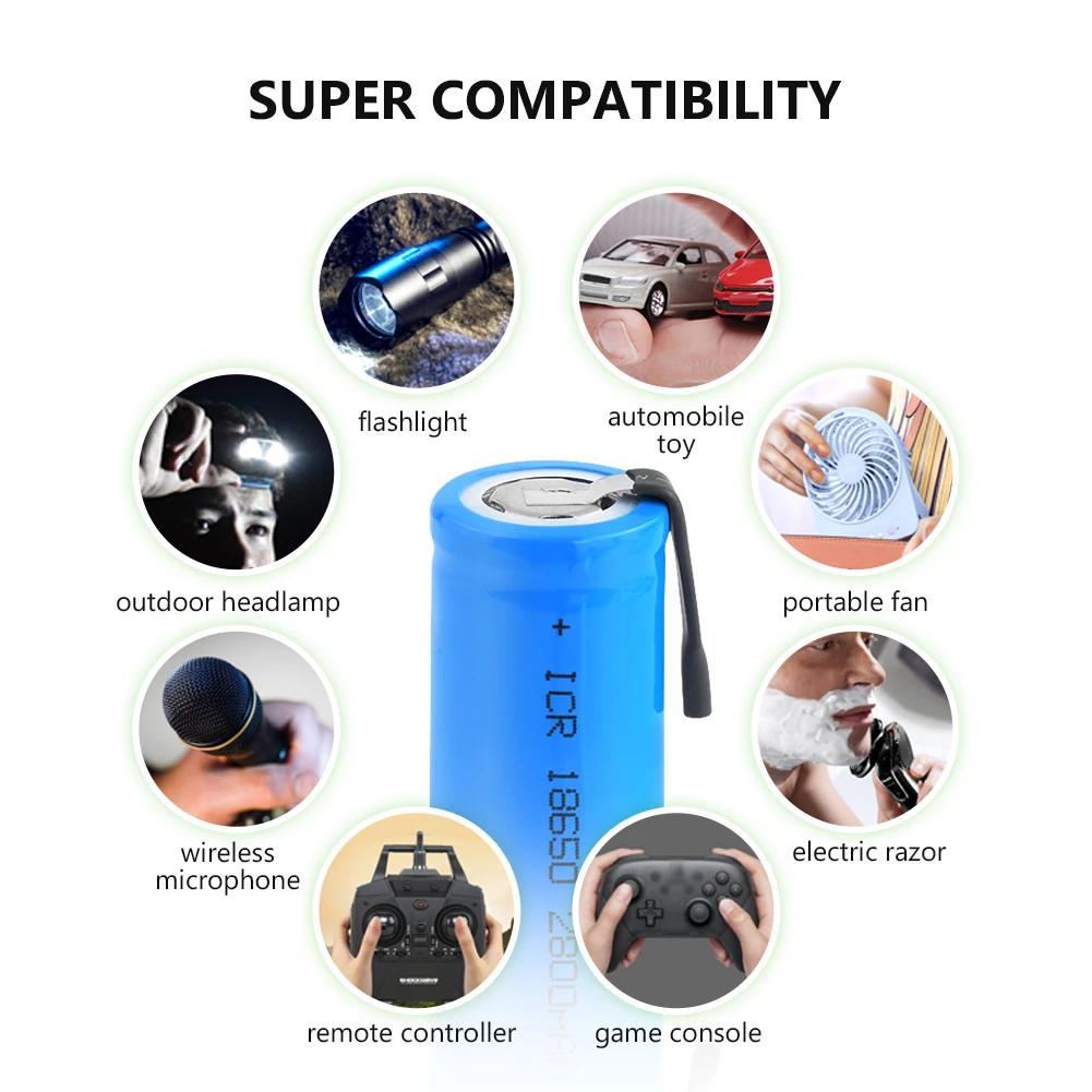 

1/2/4/6/8/10 Pcs 18650 Battery 2800mAh ICR 18650 3.7V Li-ion Rechargeable Battery With Soldering Tabs For Led Torch Headlamp
