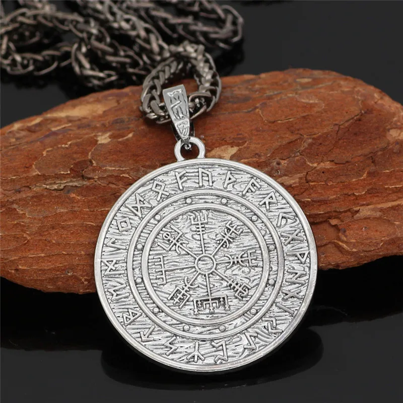 B Silver Black Chain Викинг норвежский шлем ужас в руническом круге ожерелье магические столбы скандинавский компас Рунический амулет колье с подвеской с цепочкой - Окраска металла: B Silver Black Chain
