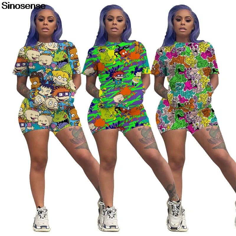 

Women Short Sleeve 2 Piece Outfits Tracksuit Cute Cartoon Print Top And Biker Shorts Set Casual Summer Sports Fitness Clothing