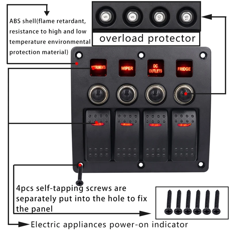 4 Gang красный светодиодный Водонепроницаемый рокер Панель переключатель