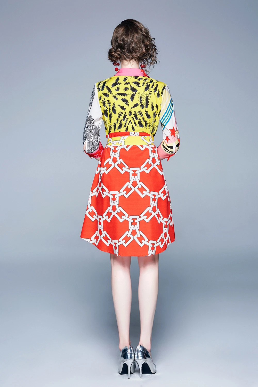 Женское платье рубашка с длинным рукавом Повседневное средней длины принтом