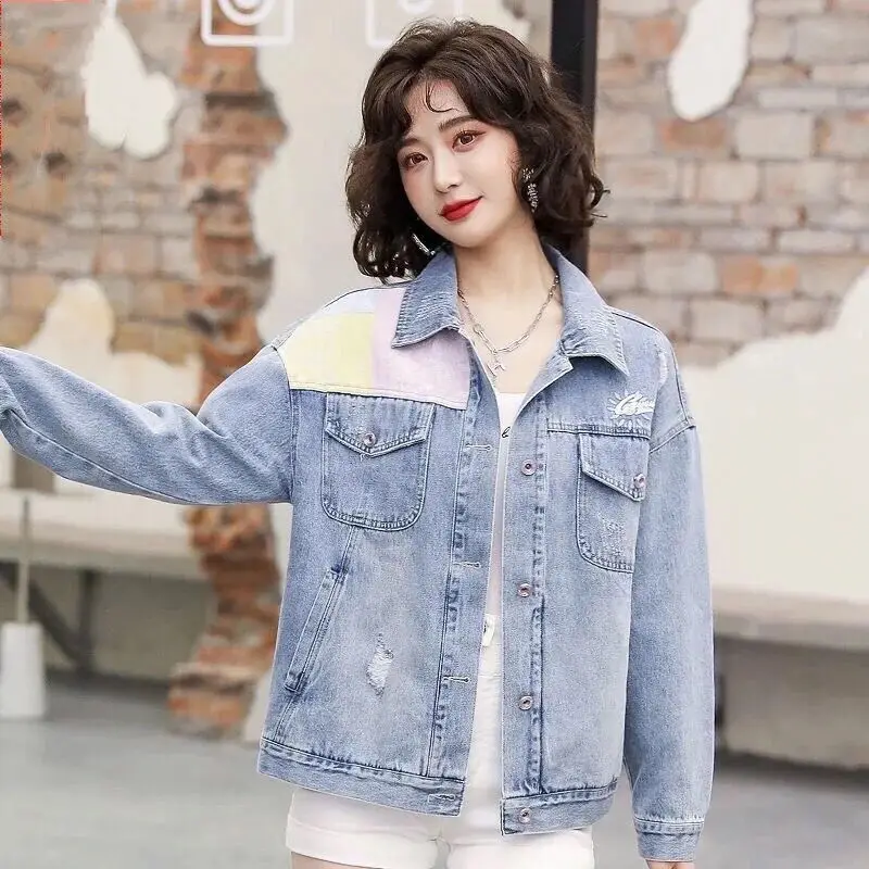 Женская джинсовая куртка новая свободная в Корейском стиле с красным принтом