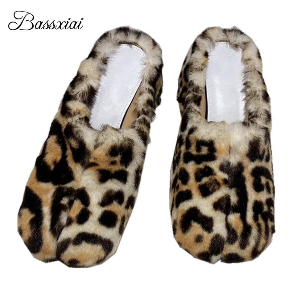 

Sexy Leopard Real Fur 6cm Heel Women Slippers Individual Split Toe Slingbacks Lazyman Mules Lady Outwear Shoes Woman