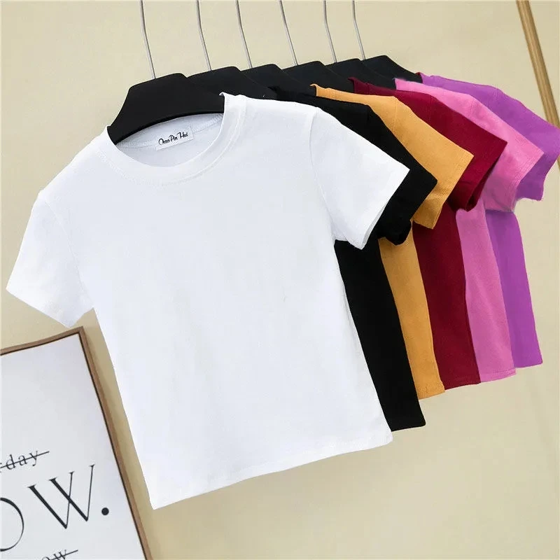 

Summer women's short cropped high-waist blouse with short sleeves crop top y2k Woman T-shirts Solid color shirt clothes vintage