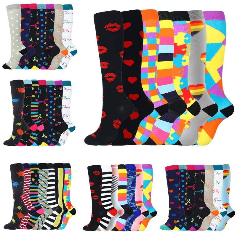 

7 Pairs Mixed Women Men Compression Socks Multicolored Printed Nylon Breathable Outdoor Sport Running Knee High Hosiery Tube Sto