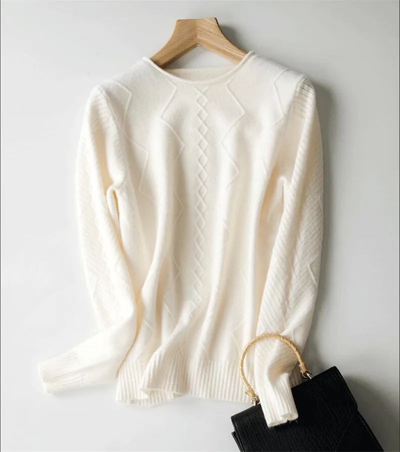 GCAROL New Women O Neck Curled Rhombic Sweater Fall Winter 30% Wool Cashmere Thick Jumper Stretch Warm OL Knitted Pullover S-3XL