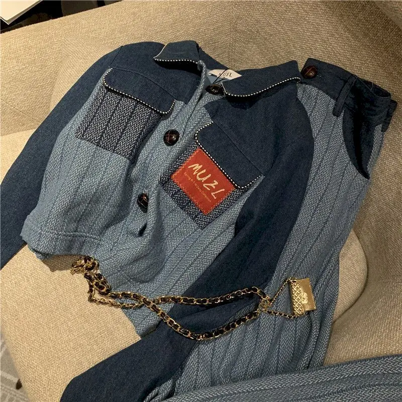 Женский комплект из двух предметов куртка и брюки искусственной джинсовой ткани