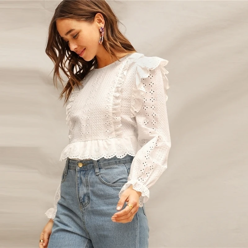 

Trim White Ruffle Embroidered Eyelet Top Flounce Sleeve Lace Blouse Women Spring Solid Front Boho Elegant Blouses