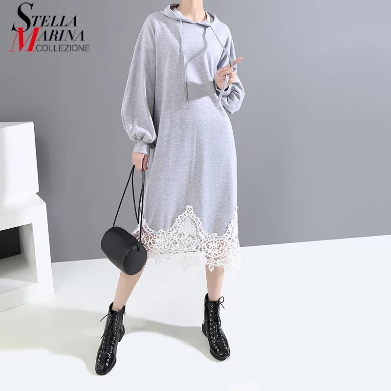 * Новинка 2019 женское модное серое платье с длинным рукавом-фонариком и капюшоном
