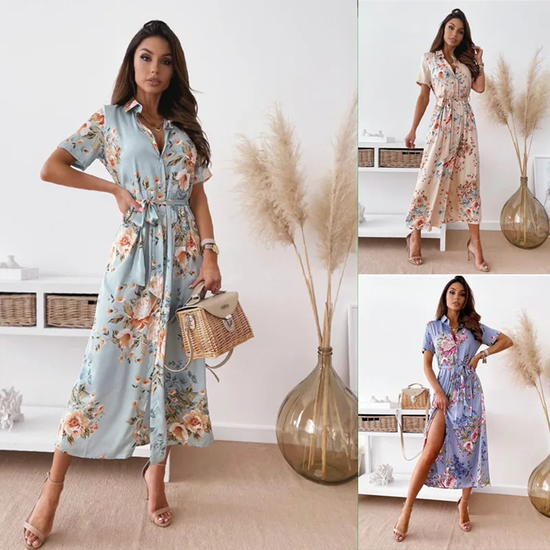 

2021 Summer New Short-Sleeved V-Neck Button Bohemian Shirt Dress Ladies Fashion Sexy High Split With Belt Dress Women's Clothing