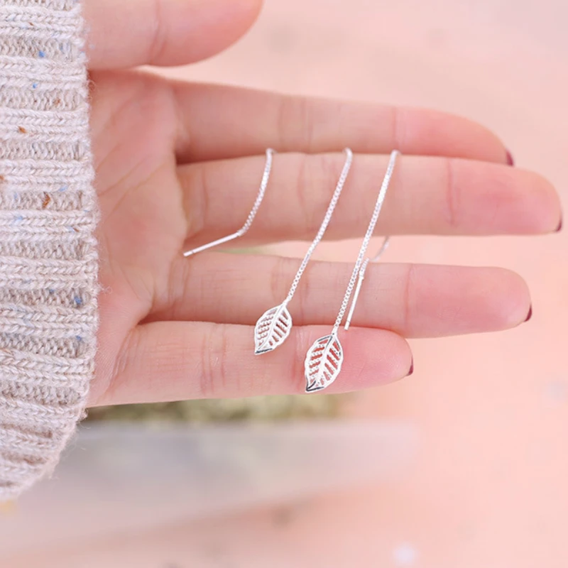 Серьги серебряного цвета Панк с листьями S925 Оливковый лист длинные кисточки
