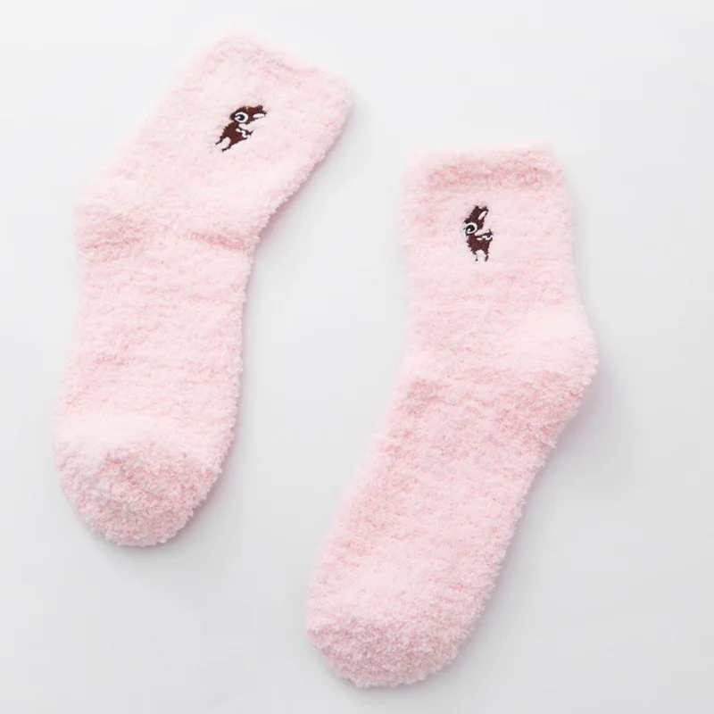 deer-pink Женские носки с вышивкой, утепленные хлопковые, милые, плюшевые, сохраняющие тепло, женские, забавные, зимние носки, пушистые, kawaii, 1 пара - Цвет: deer-pink