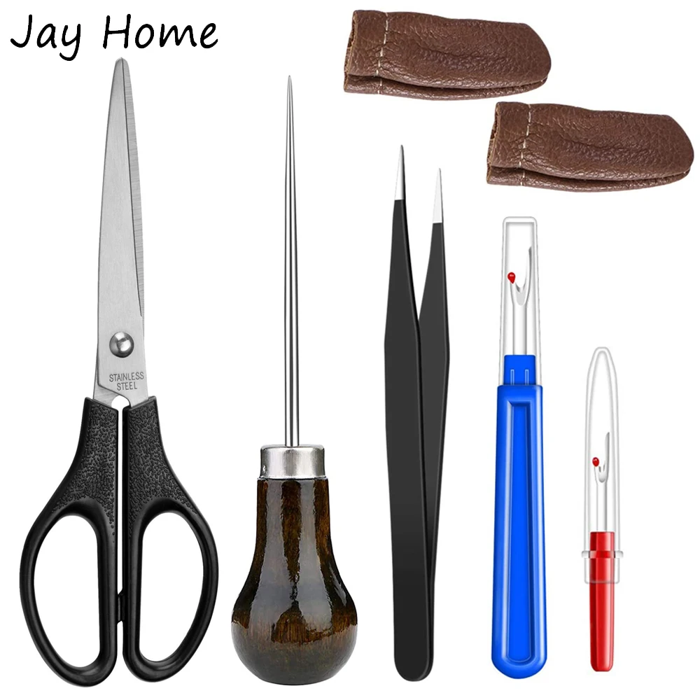 

7PCS Leather Craft Seam Ripper and Thread Remover Kit with Sewing Scissors & Leather Finger Cover & Sewing Awl for Hand Craft