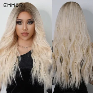 Emmor  Synthetic Ombre Brown to Platinum Blonde Wigs Natural Soft Wavy Hair Wig for Women Cosplay Wigs High Temperature Fiber
