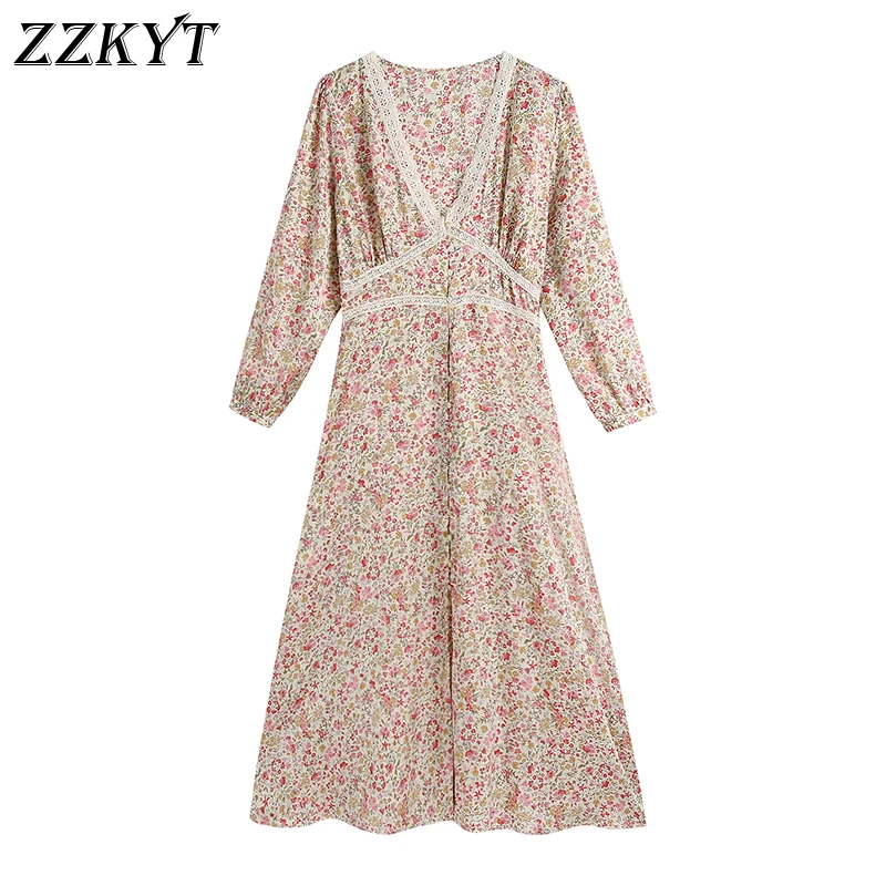 

ZZKYT 2021 женское весеннее модное платье миди с цветочным принтом винтажные однобортные женские повседневные платья с V-образным вырезом и дли...