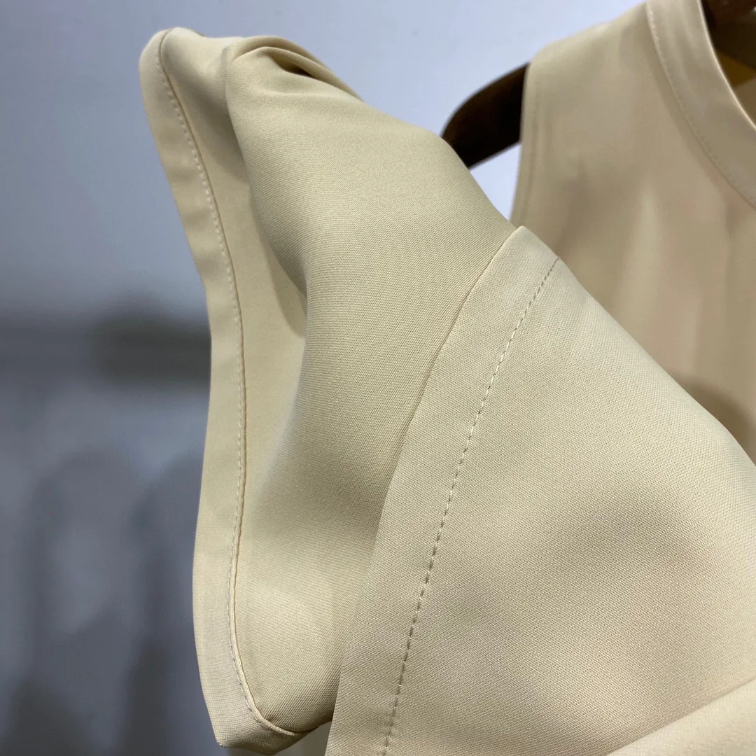 

2021 Summer New Women Fashion Casual Apricot polyester Beige smooth drape no sleeve long dress for female.