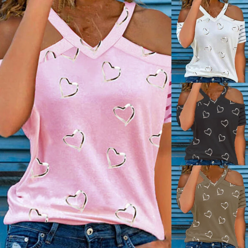 

Женская футболка с открытыми плечами, V-образным вырезом и принтом